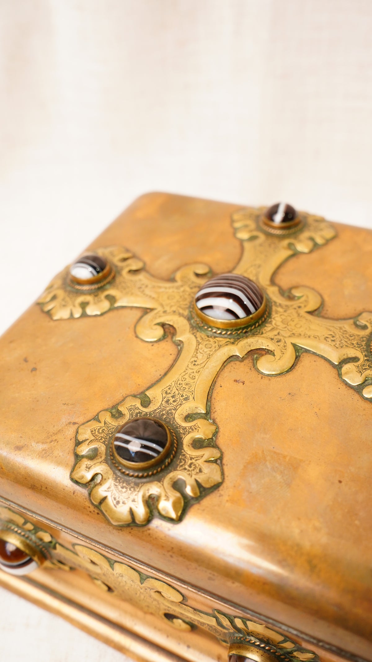 Victorian Gilt Brass Bézique Games Box with Agate Cabochons, Circa 1870