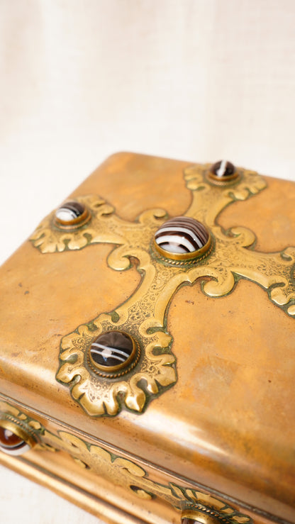 Victorian Gilt Brass Bézique Games Box with Agate Cabochons, Circa 1870