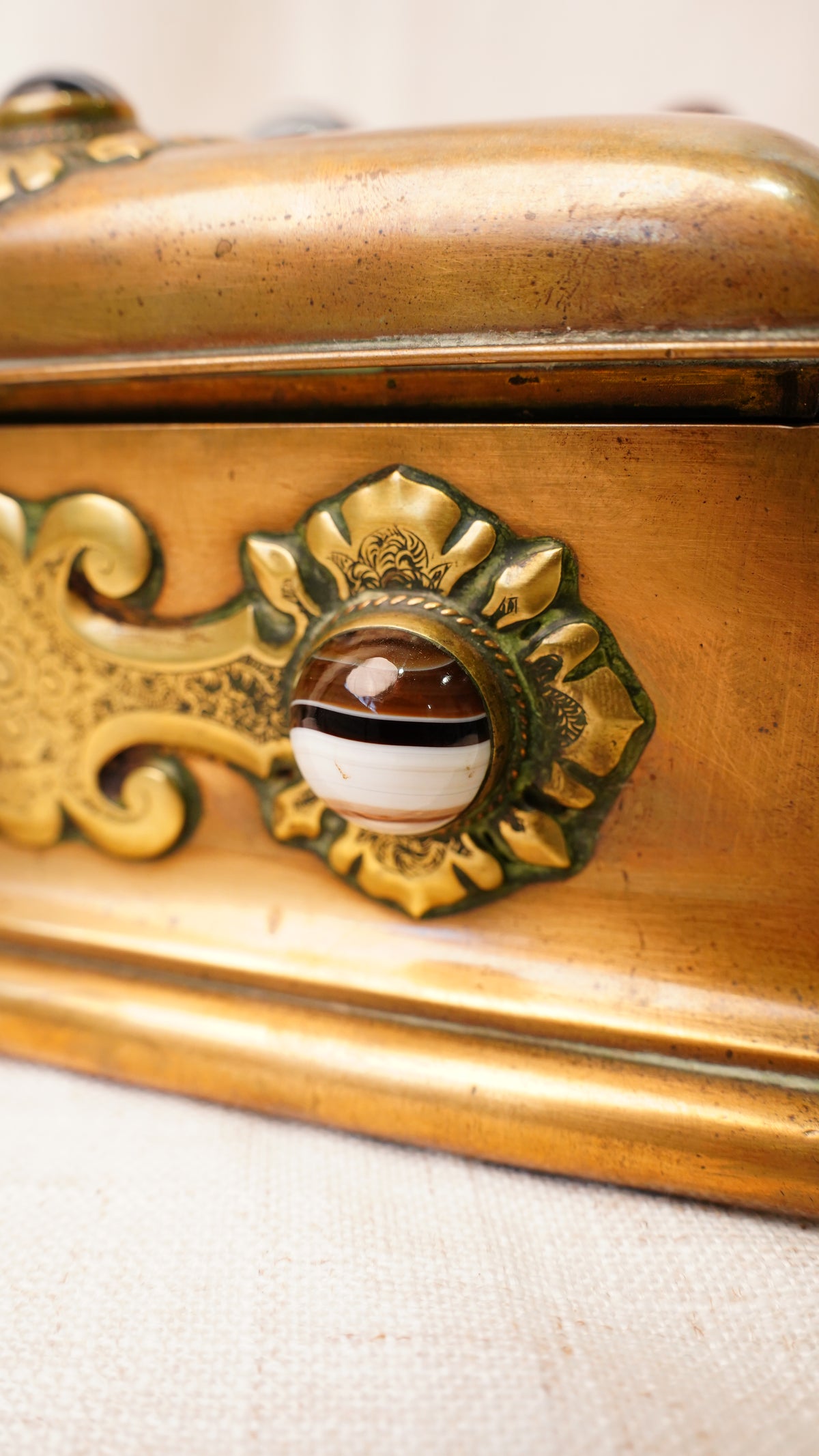 Victorian Gilt Brass Bézique Games Box with Agate Cabochons, Circa 1870