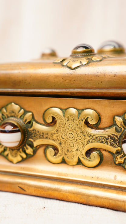 Victorian Gilt Brass Bézique Games Box with Agate Cabochons, Circa 1870