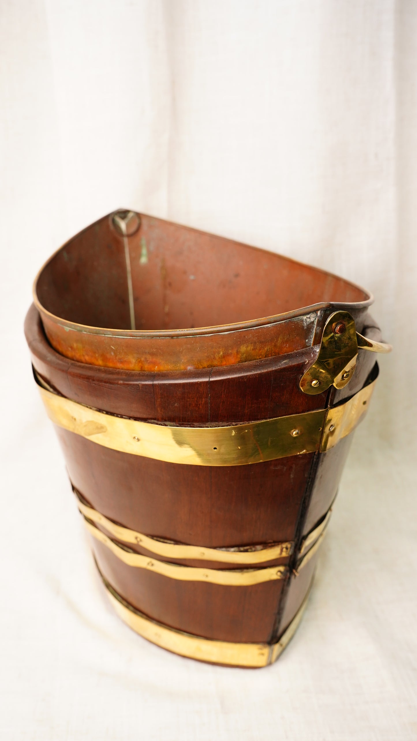 Antique English Mahogany Brass Bound Navette Peat Bucket