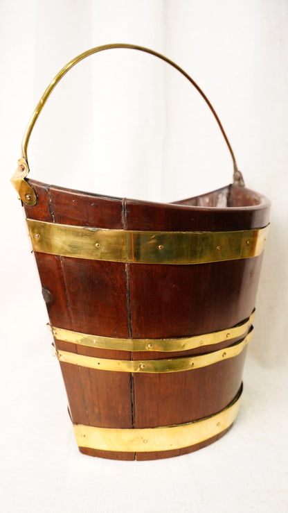 Antique English Mahogany Brass Bound Navette Peat Bucket
