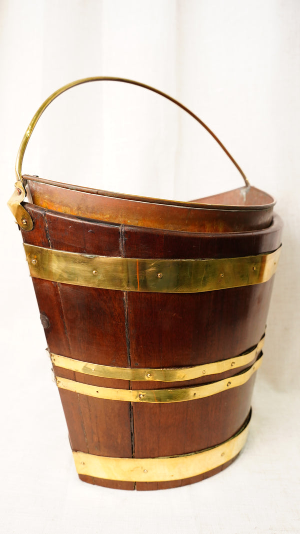 Antique English Mahogany Brass Bound Wood Bucket Planter