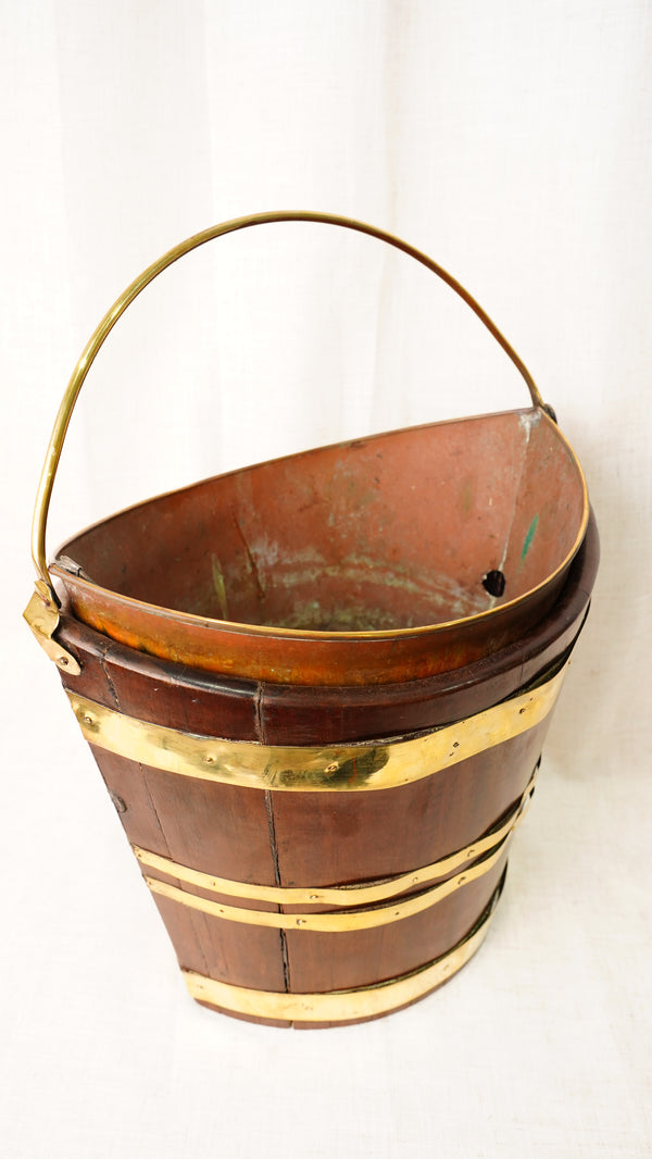 Antique English Mahogany Brass Bound Wood Bucket Planter secondary view