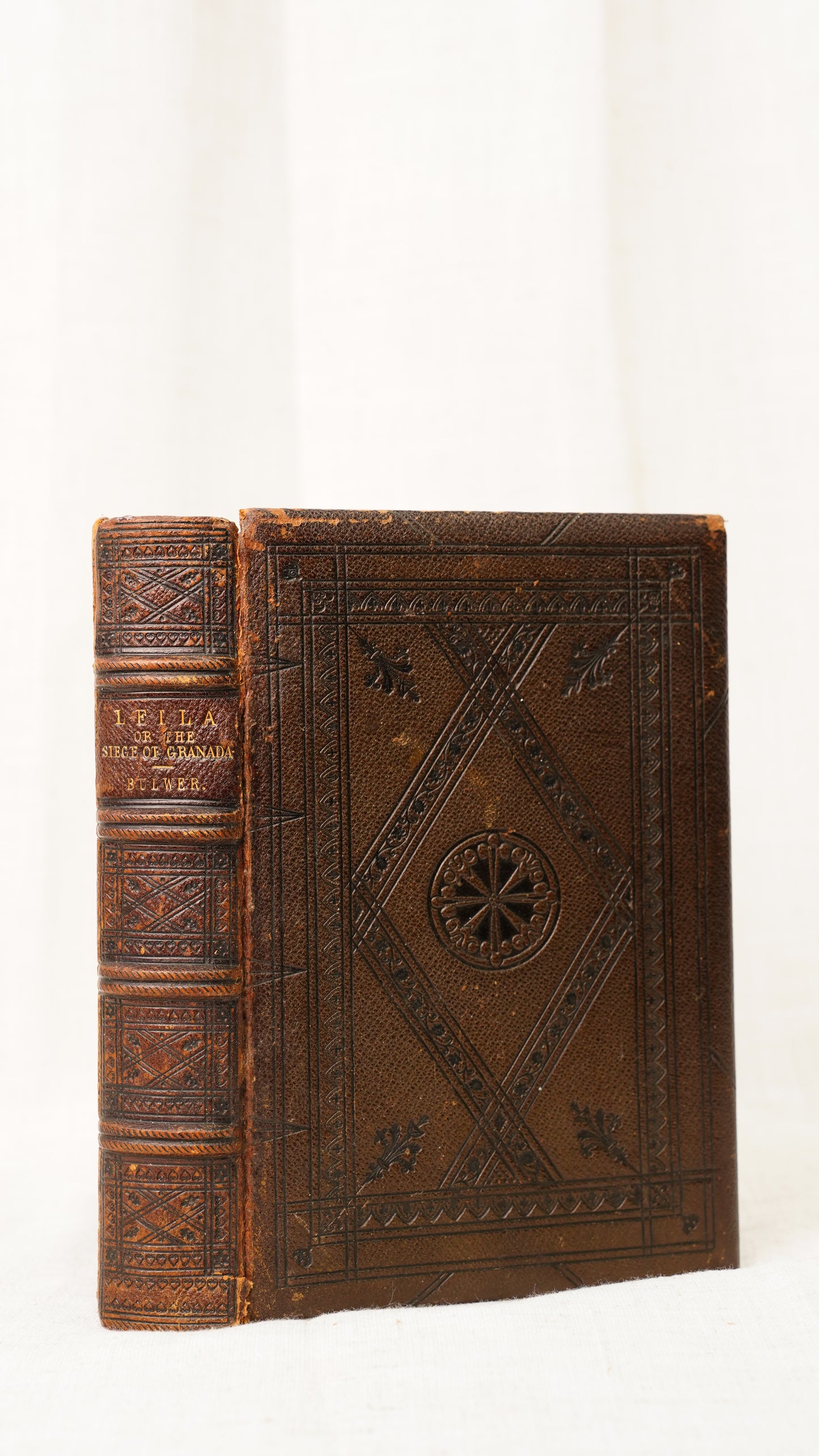 Leila Siege of Granada Bulwer 1850 Antique Leather Book, Gauffered Pages