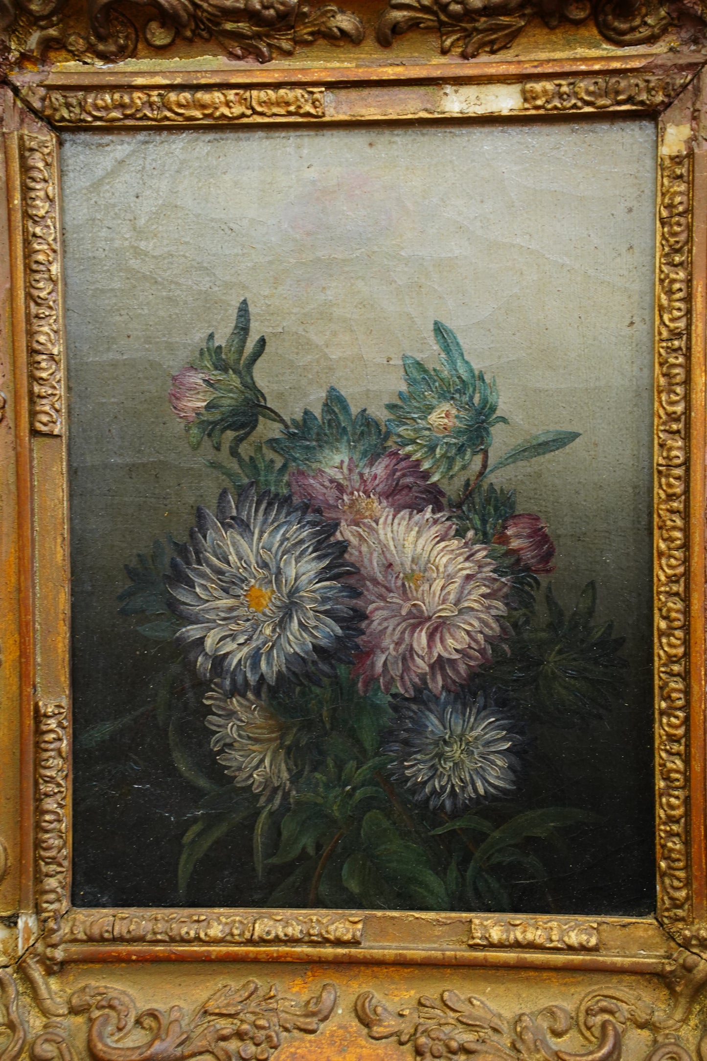 Antique French School Oil on Canvas Floral Still Life
