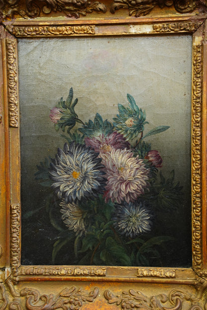 Antique French School Oil on Canvas Floral Still Life
