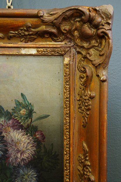 Antique French School Oil on Canvas Floral Still Life