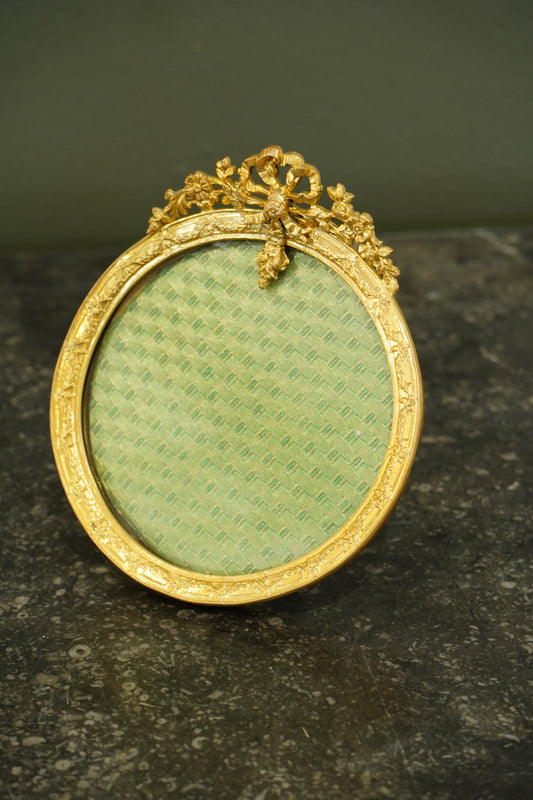 Antique French Gilt Brass Oval Picture Frame with Bow Crest