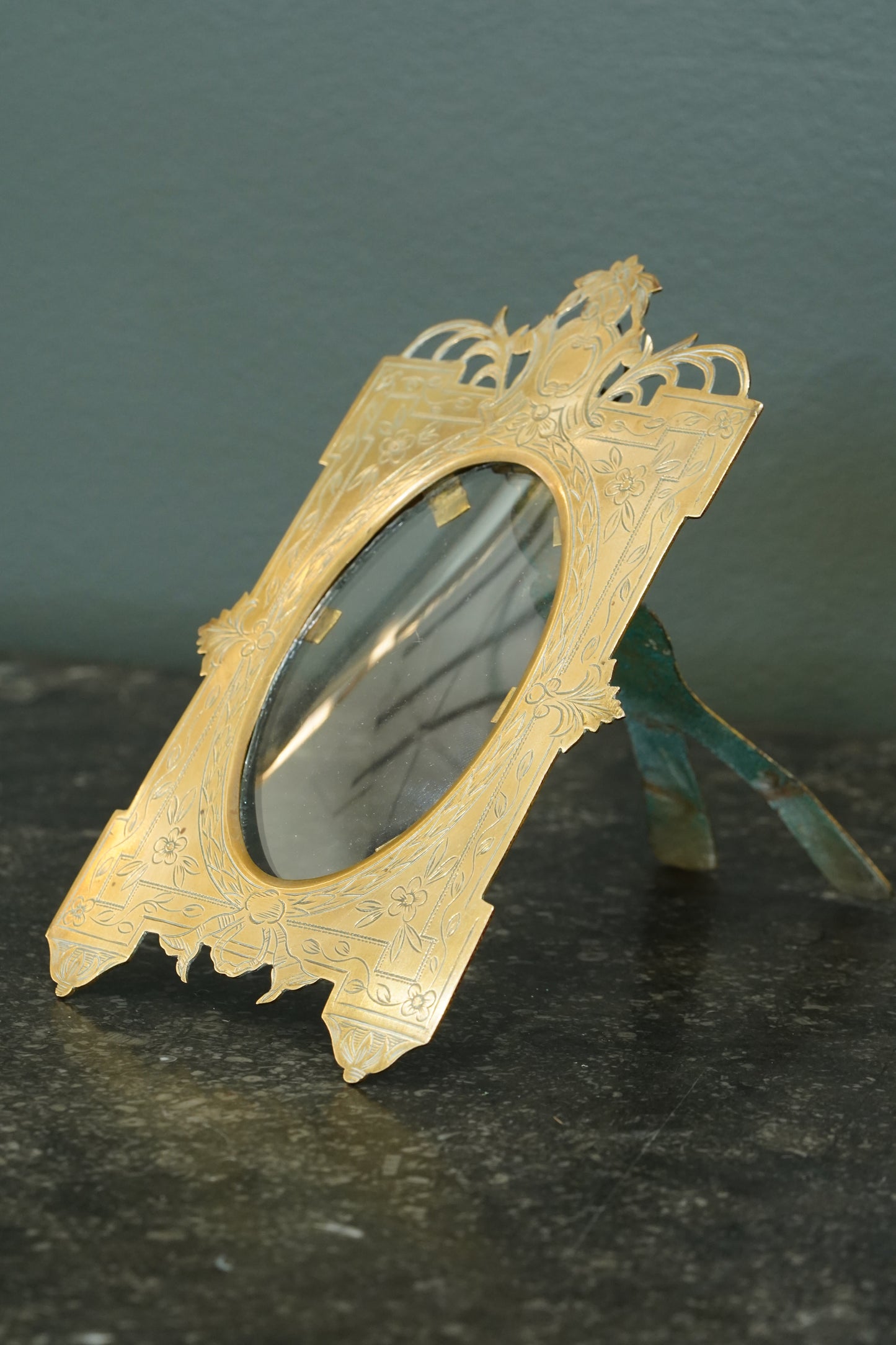 Antique Victorian Gilt Brass Oval Photo Frame, Engraved Floral, Circa 1900
