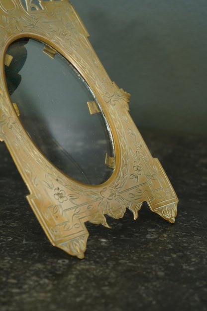 Antique Victorian Gilt Brass Oval Photo Frame, Engraved Floral, Circa 1900