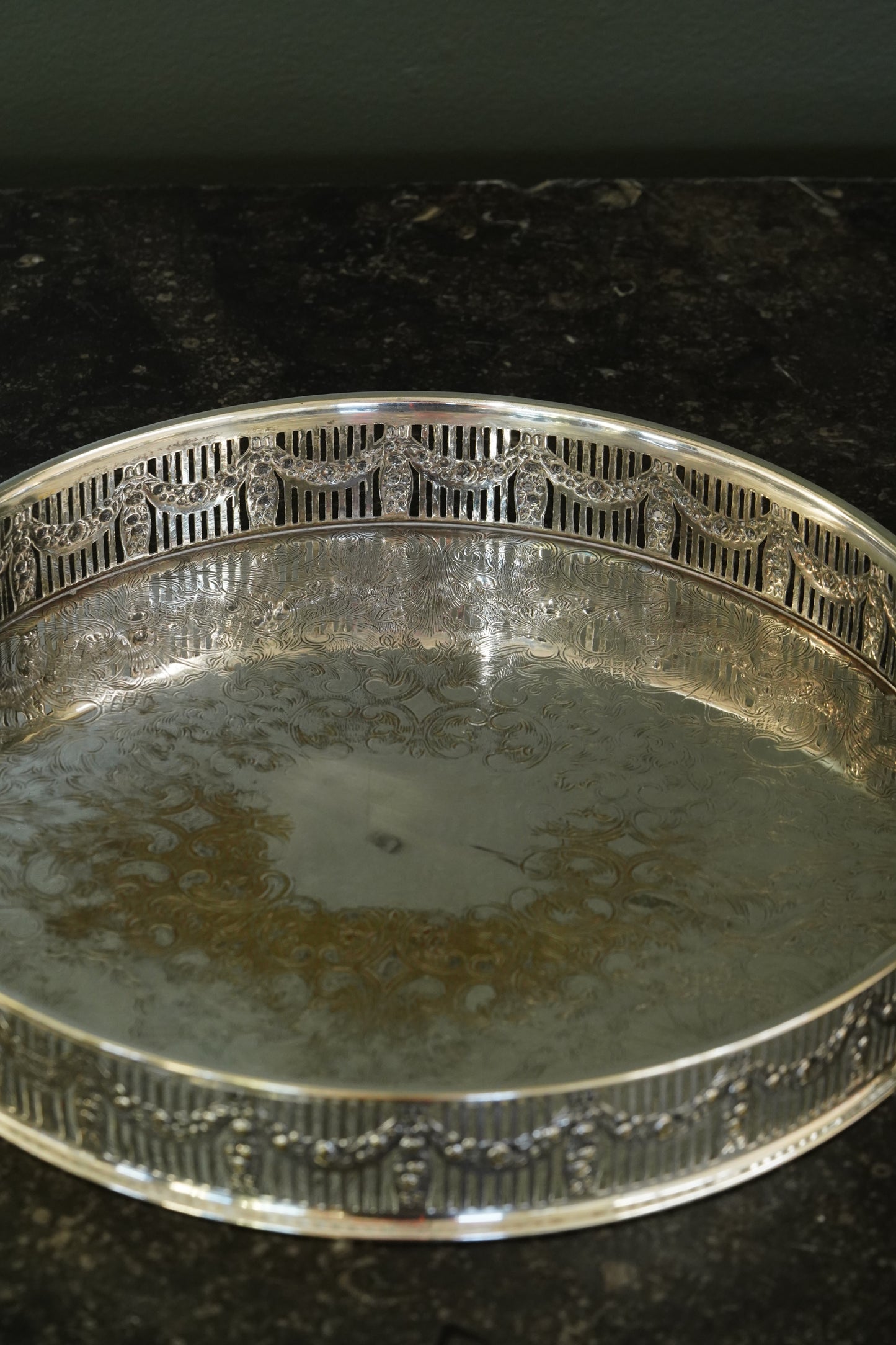 Antique Round English Silverplate Gallery Tray, Chased, Sheffield
