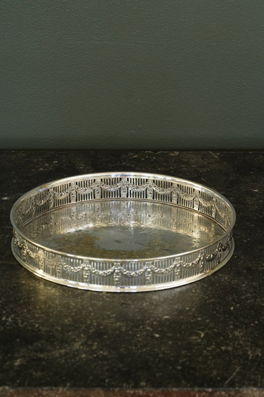 Antique Round English Silverplate Gallery Tray, Chased, Sheffield