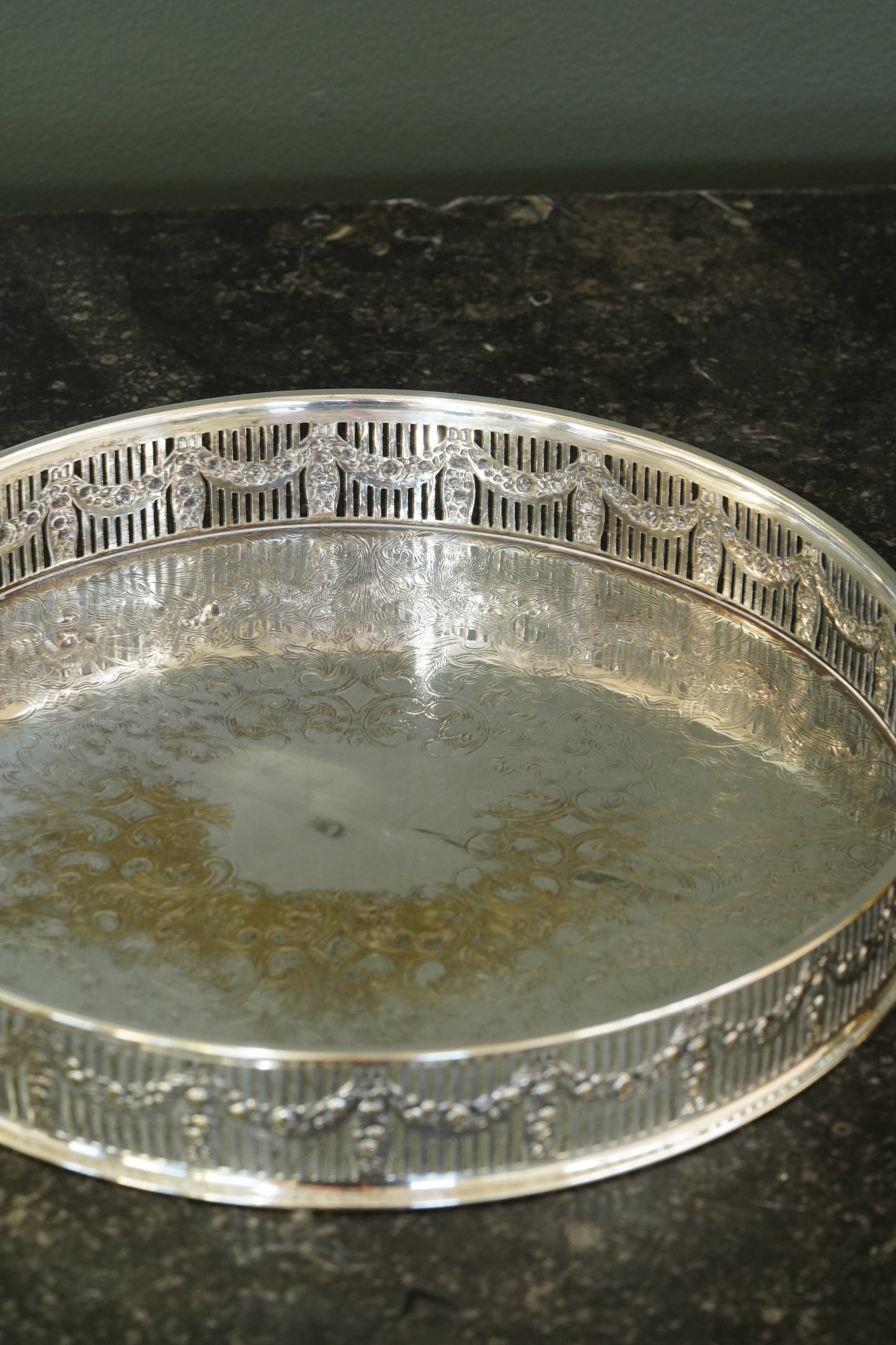 Antique Round English Silverplate Gallery Tray, Chased, Sheffield