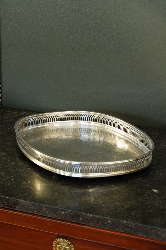 Vintage English Silverplate Gallery Tray with Ball Feet, Engraved Scrollwork