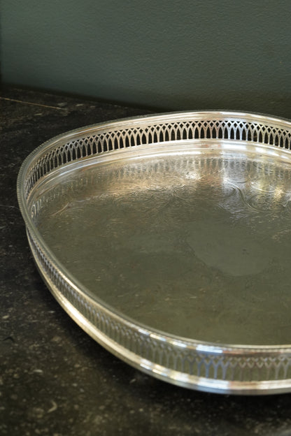 Vintage English Silverplate Gallery Tray with Ball Feet, Engraved Scrollwork