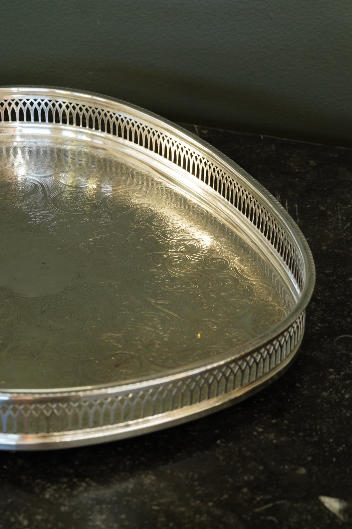 Vintage English Silverplate Gallery Tray with Ball Feet, Engraved Scrollwork