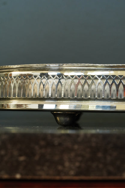 Vintage English Silverplate Gallery Tray with Ball Feet, Engraved Scrollwork