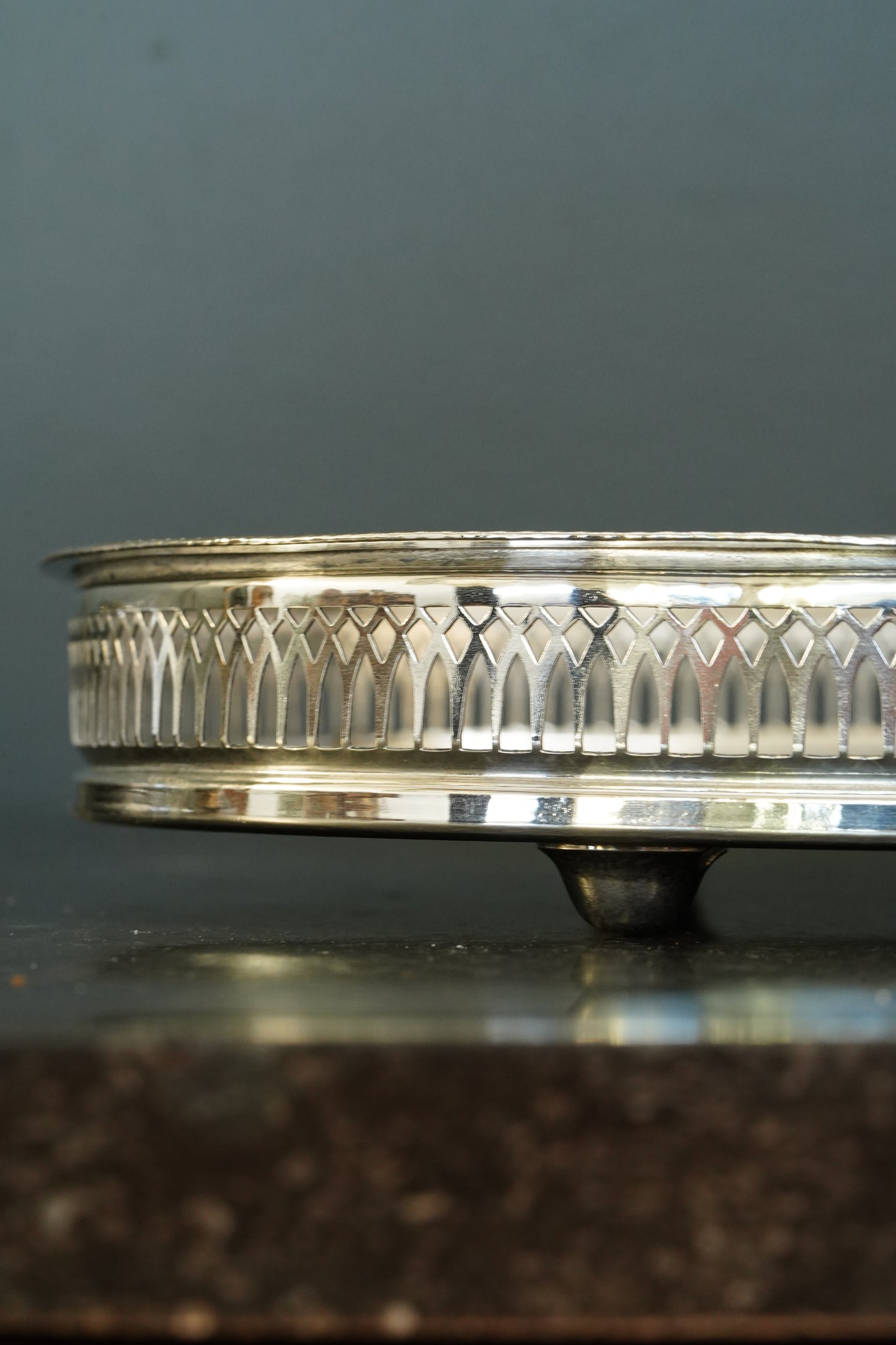 Vintage English Silverplate Gallery Tray with Ball Feet, Engraved Scrollwork