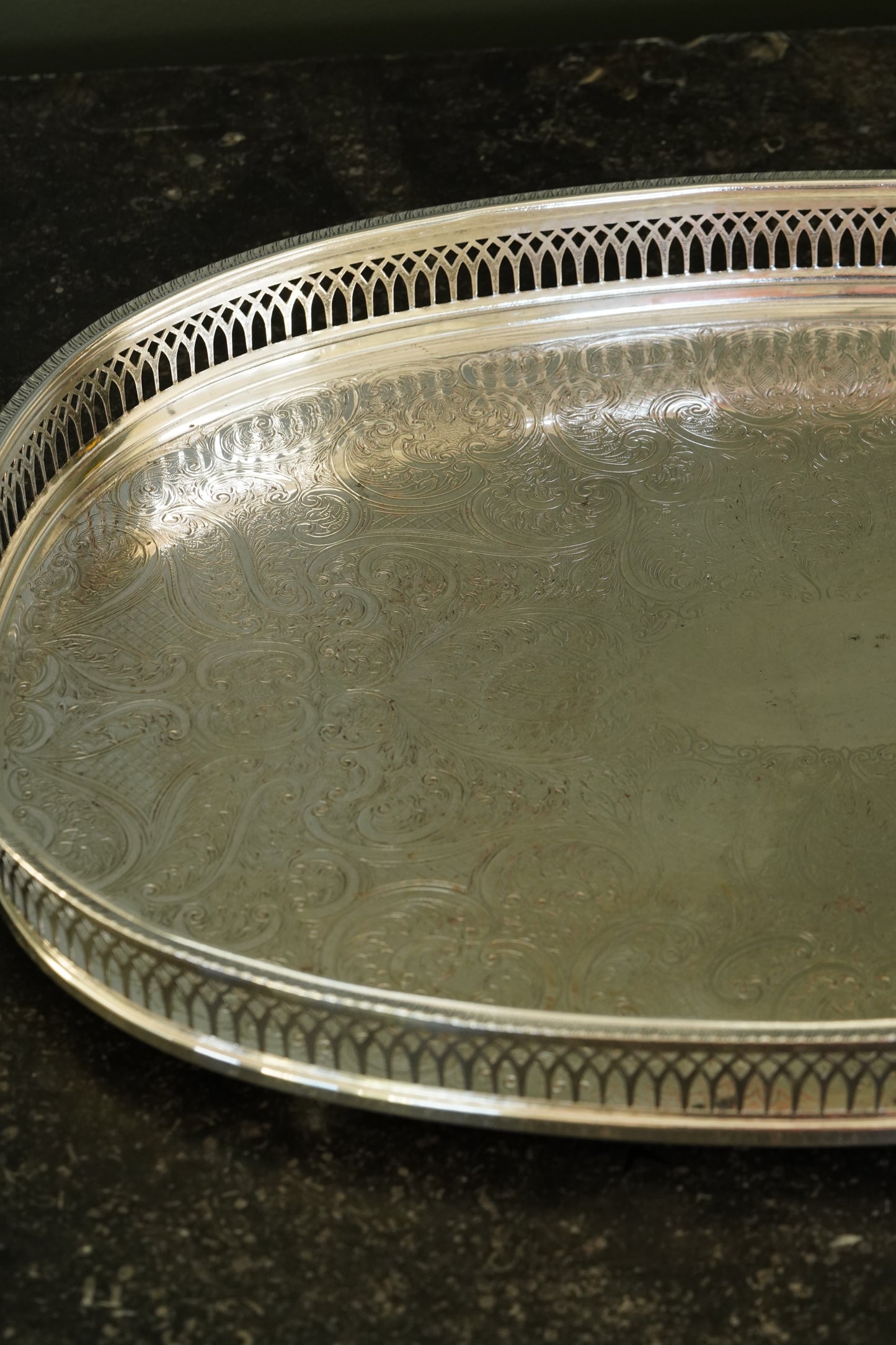 Vintage English Silverplate Gallery Tray with Ball Feet, Engraved Scrollwork