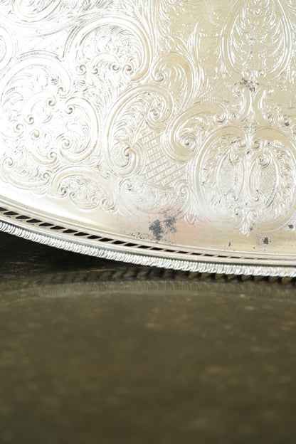 Vintage English Silverplate Gallery Tray with Ball Feet, Engraved Scrollwork