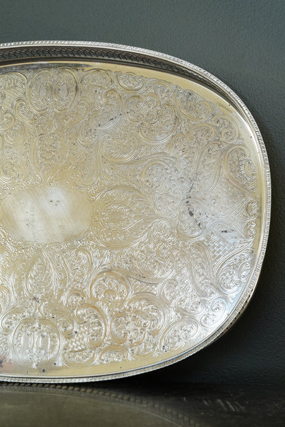 Vintage English Silverplate Gallery Tray with Ball Feet, Engraved Scrollwork