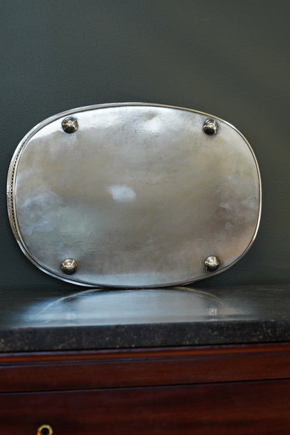 Vintage English Silverplate Gallery Tray with Ball Feet, Engraved Scrollwork