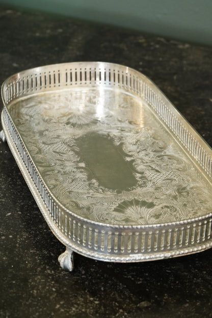 *RESERVED* Antique English Silverplate Gallery Tray with Feet, Sheffield