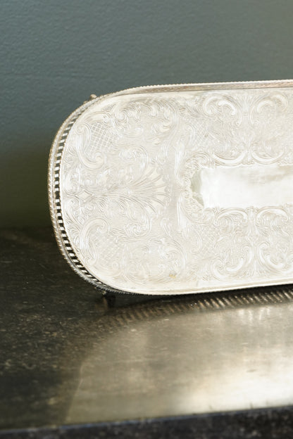 *RESERVED* Antique English Silverplate Gallery Tray with Feet, Sheffield