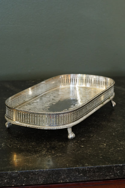 *RESERVED* Antique English Silverplate Gallery Tray with Feet, Sheffield