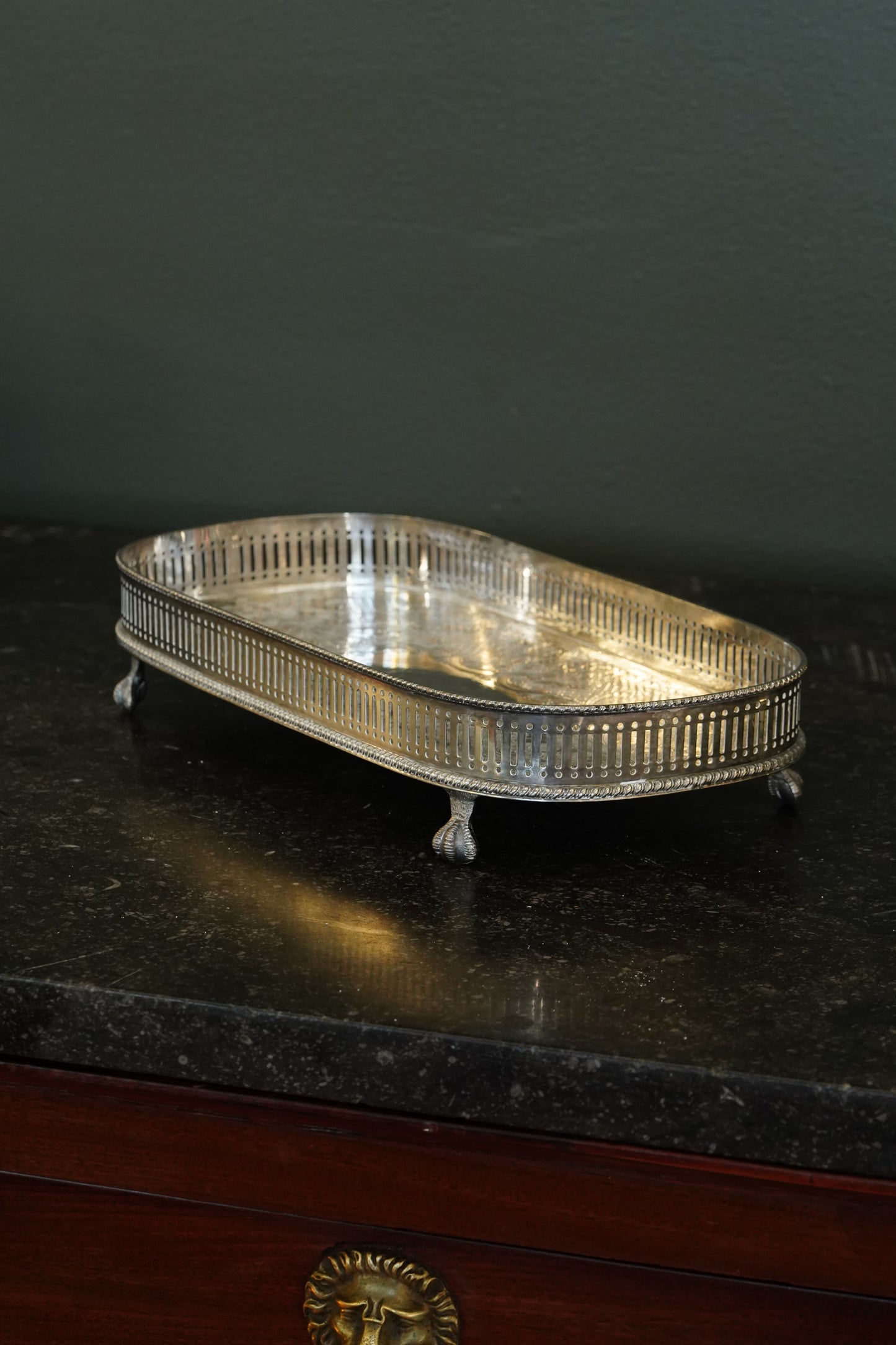 *RESERVED* Antique English Silverplate Gallery Tray with Feet, Sheffield