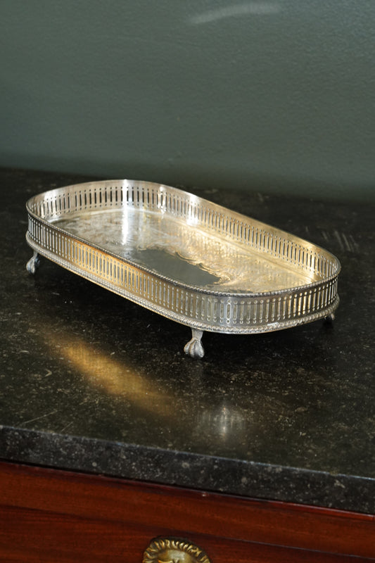 *RESERVED* Antique English Silverplate Gallery Tray with Feet, Sheffield