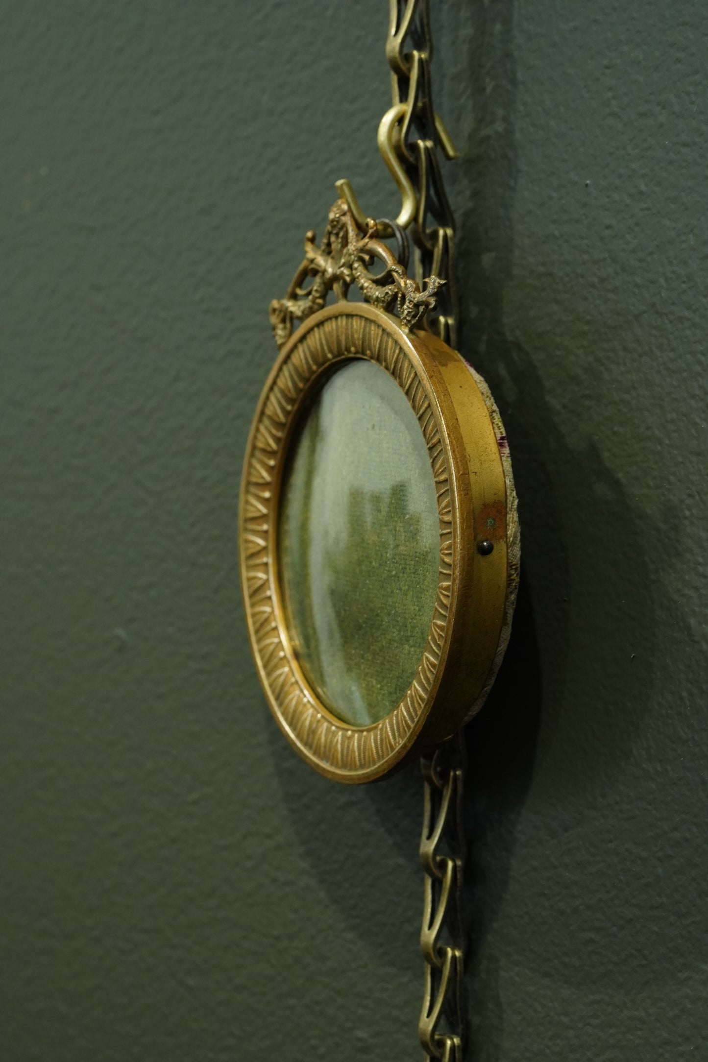 Antique French Gilt Brass Round Picture Frame, Convex Glass
