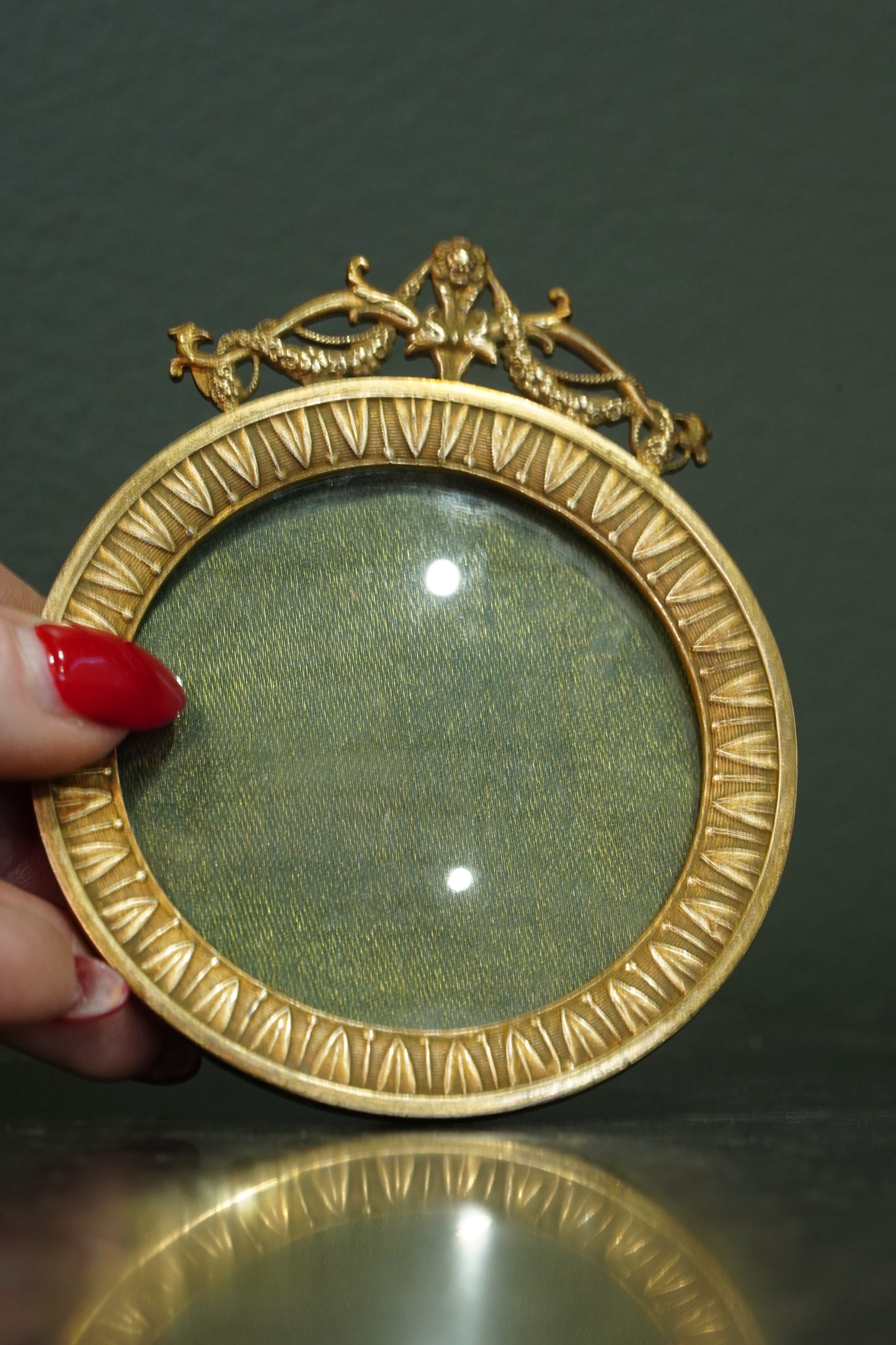 Antique French Gilt Brass Round Picture Frame, Convex Glass