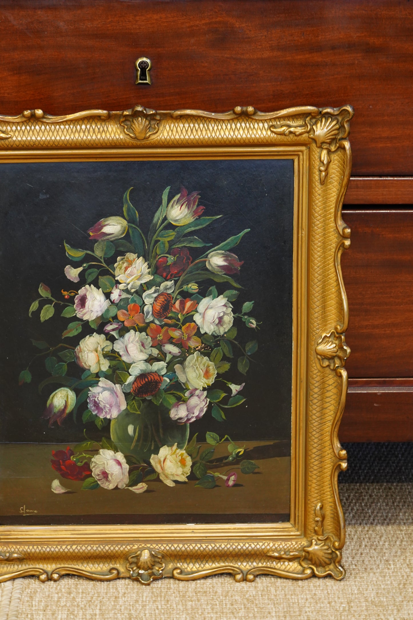 Signed Floral Still Life Oil Painting, Dutch Manner, Mid-20th Century