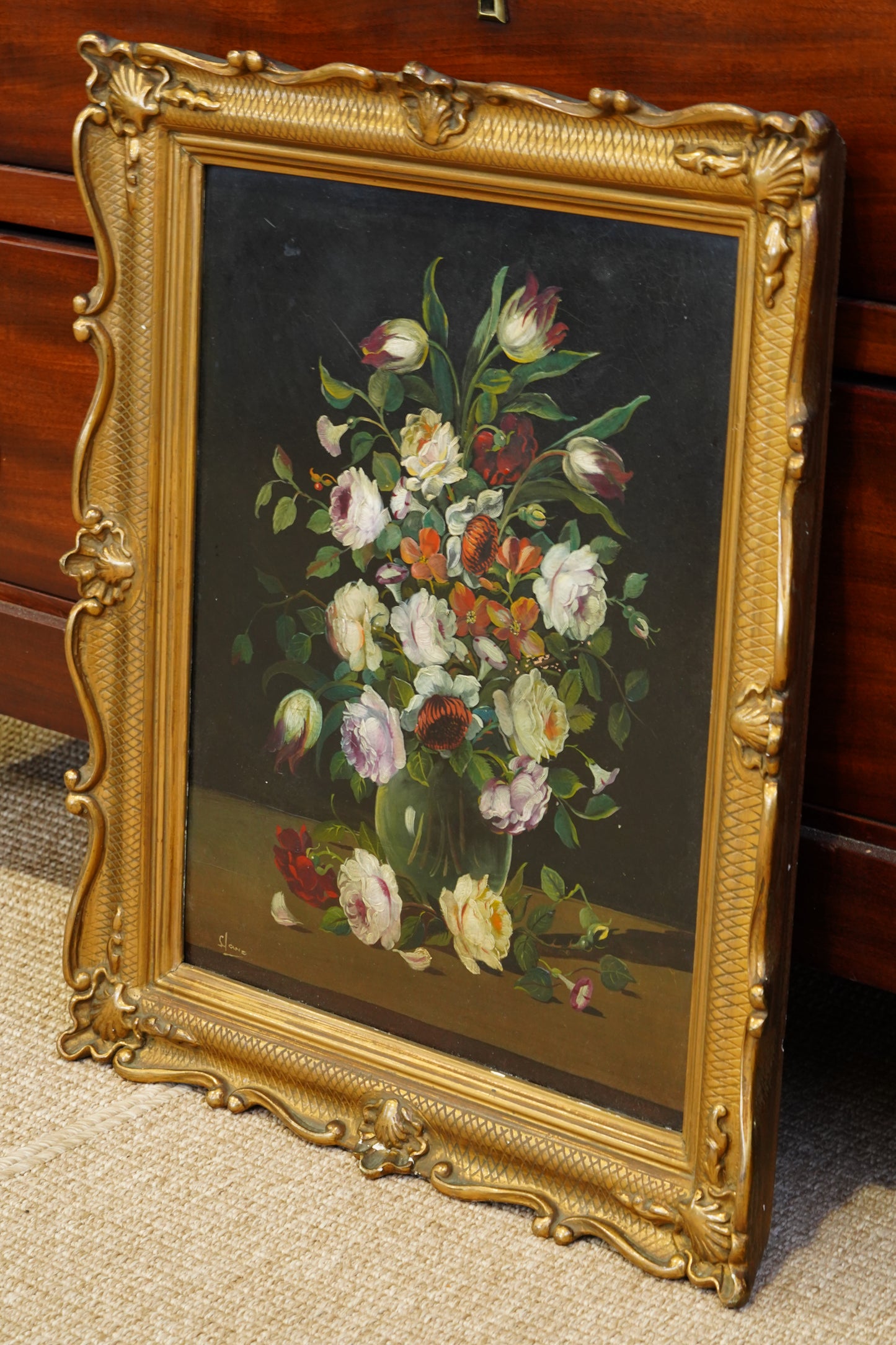 Signed Floral Still Life Oil Painting, Dutch Manner, Mid-20th Century