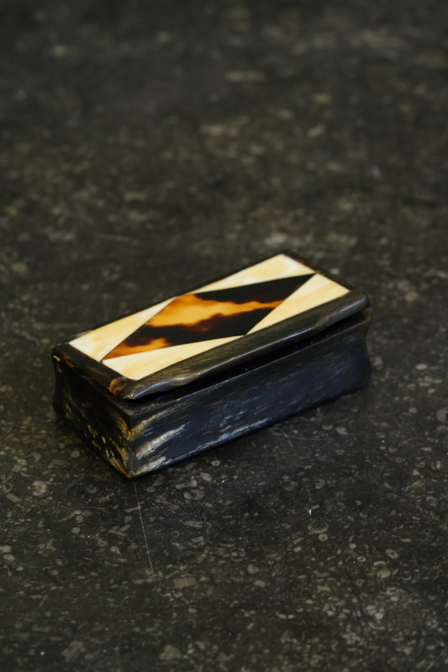 Antique English Horn Snuff Box with Bone Inlay