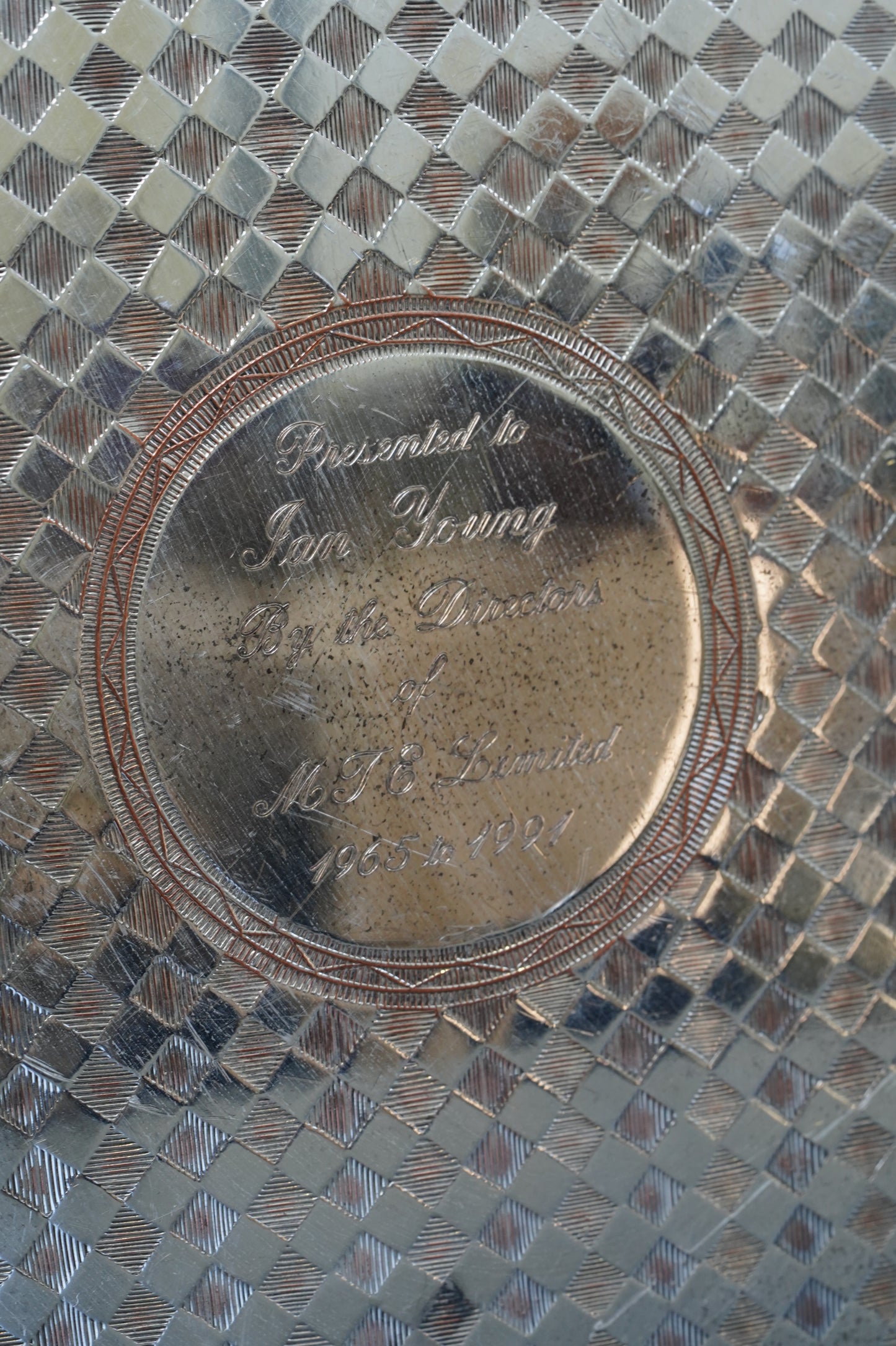 Vintage English Silverplate Gallery Tray with Engraved Presentation, 1991