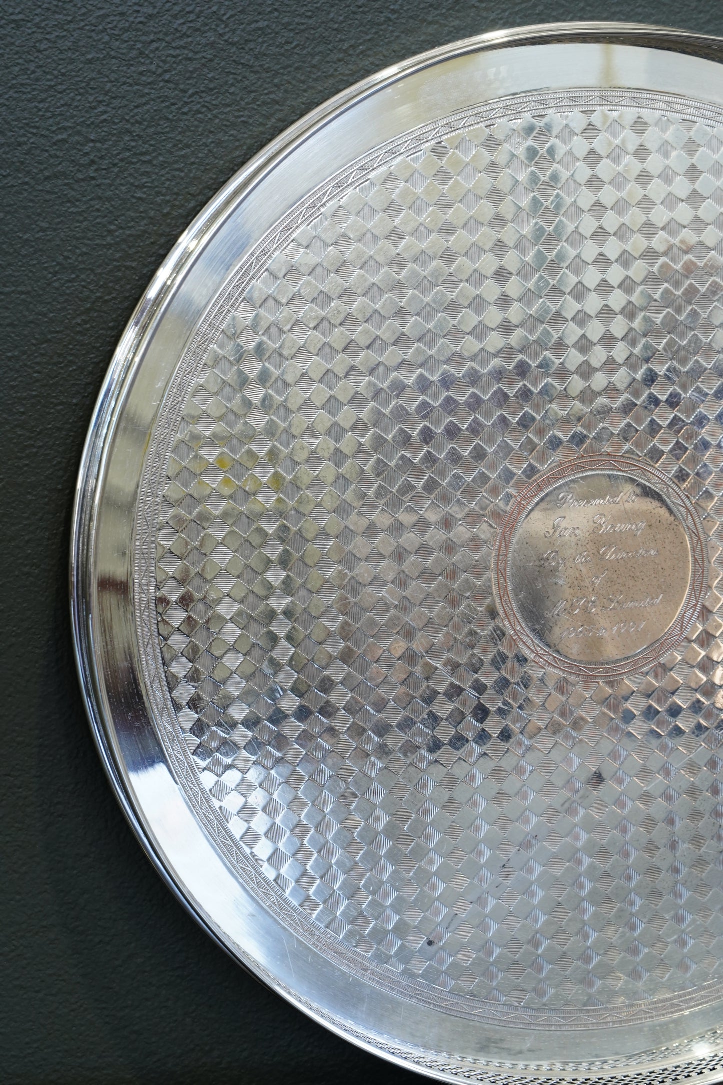 Vintage English Silverplate Gallery Tray with Engraved Presentation, 1991