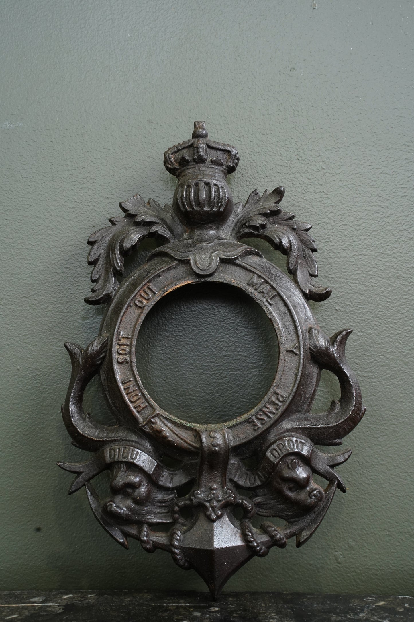 Antique English Cast Iron Clock Bezel with British Royal Arms, Ca. 1900