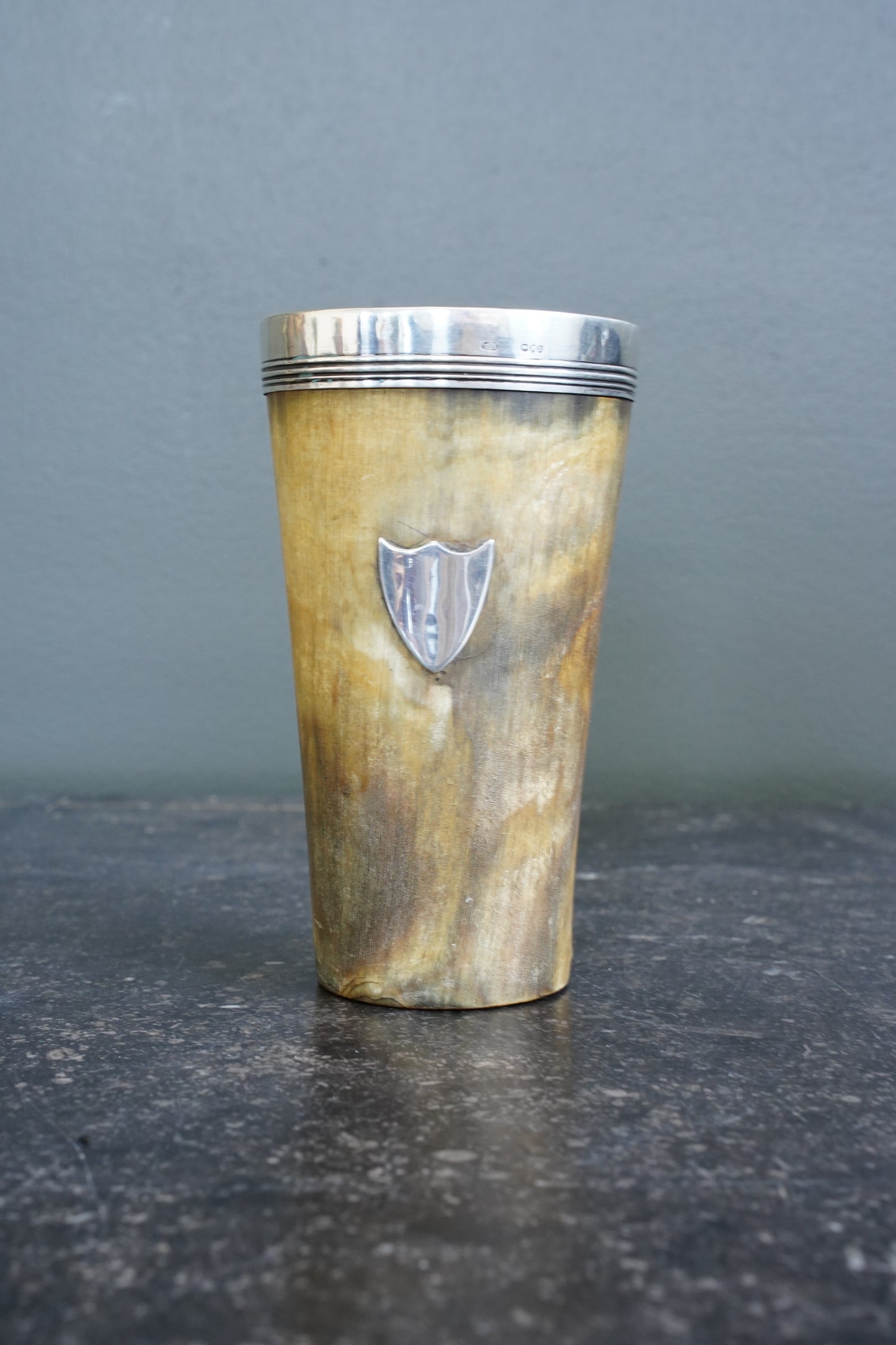 Victorian Horn Beaker, Silver Rim and Irish Harp Shield, London 1880