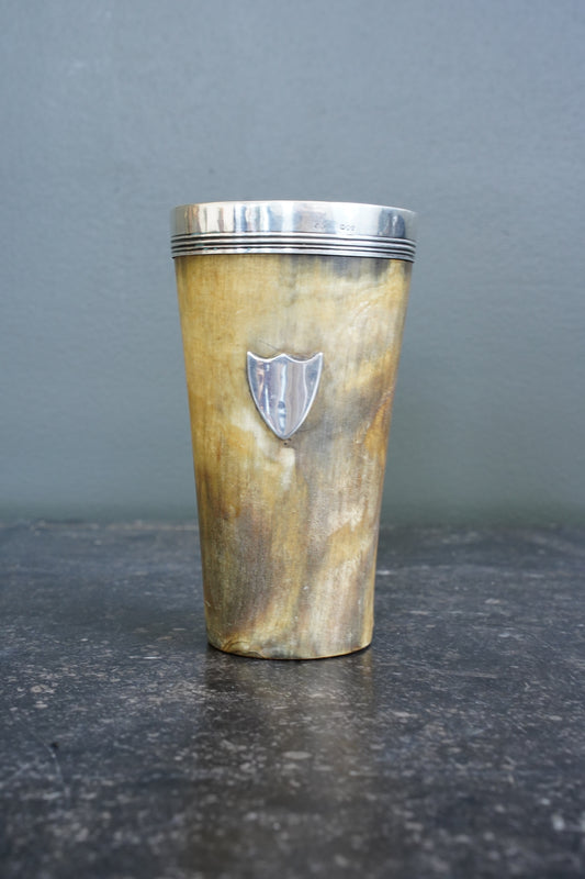 Antique English Horn Cup, Silver Rim and Irish Harp Shield, London 1880
