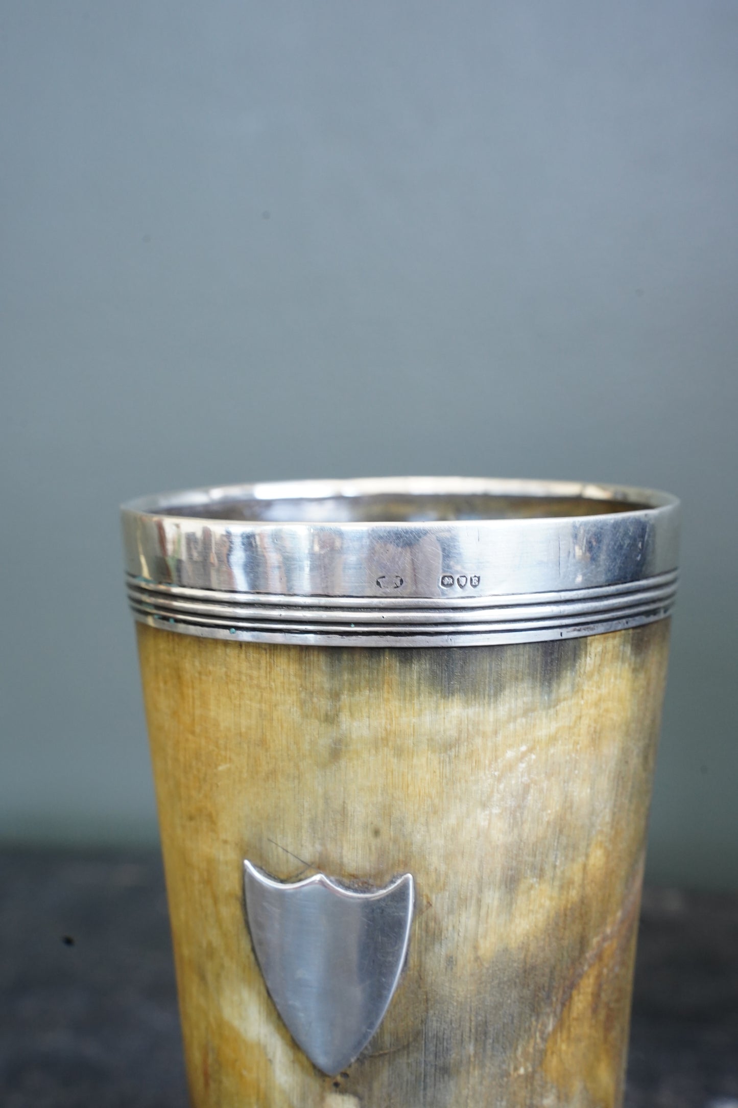 Victorian Horn Beaker, Silver Rim and Irish Harp Shield, London 1880