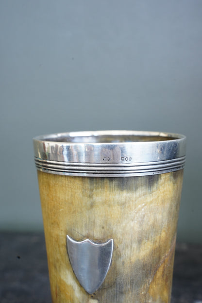 Victorian Horn Beaker, Silver Rim and Irish Harp Shield, London 1880