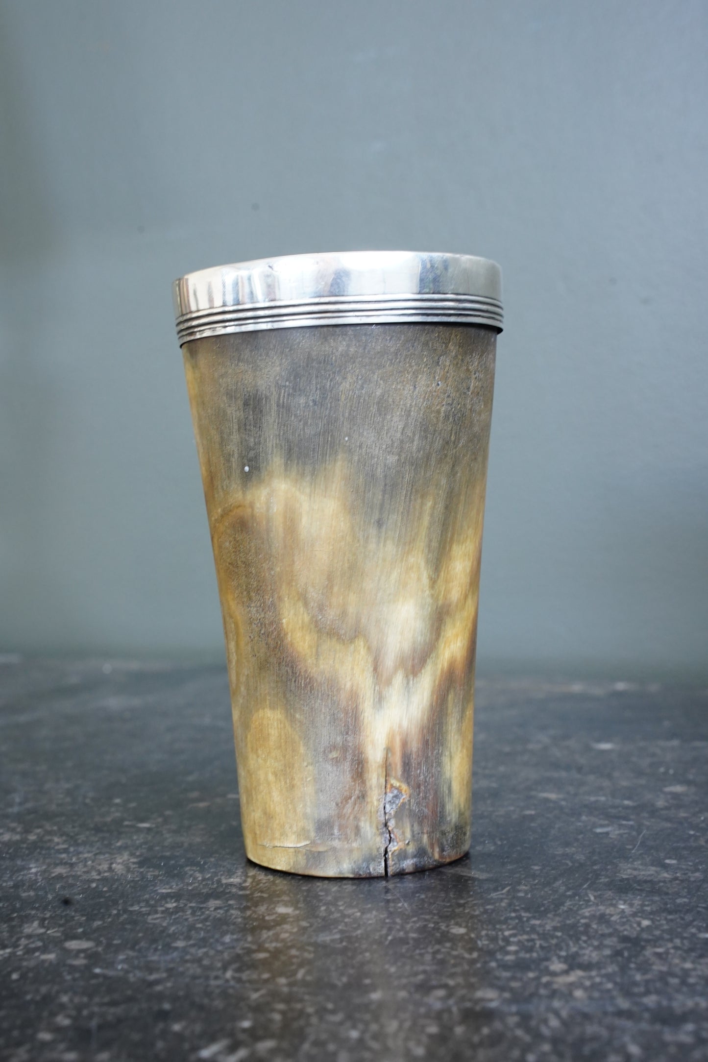 Victorian Horn Beaker, Silver Rim and Irish Harp Shield, London 1880
