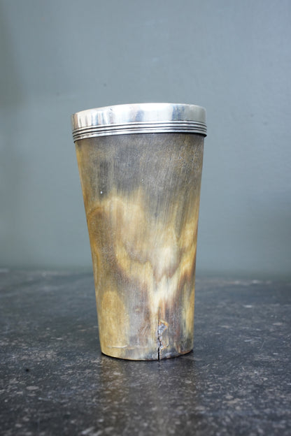 Victorian Horn Beaker, Silver Rim and Irish Harp Shield, London 1880
