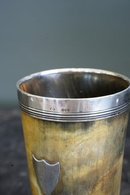 Victorian Horn Beaker, Silver Rim and Irish Harp Shield, London 1880