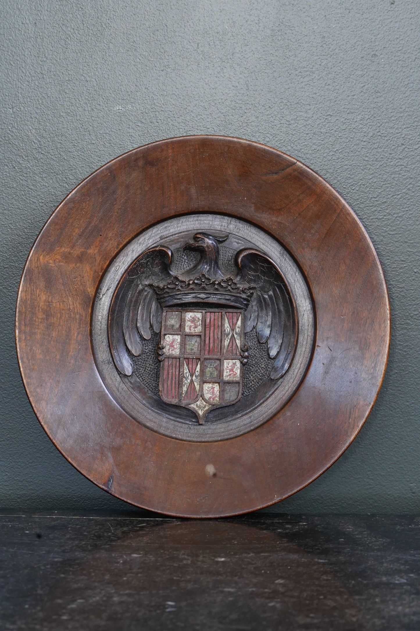 Carved Walnut Spanish Armorial Charger, Arms of the Catholic Monarchs, Circa 1930