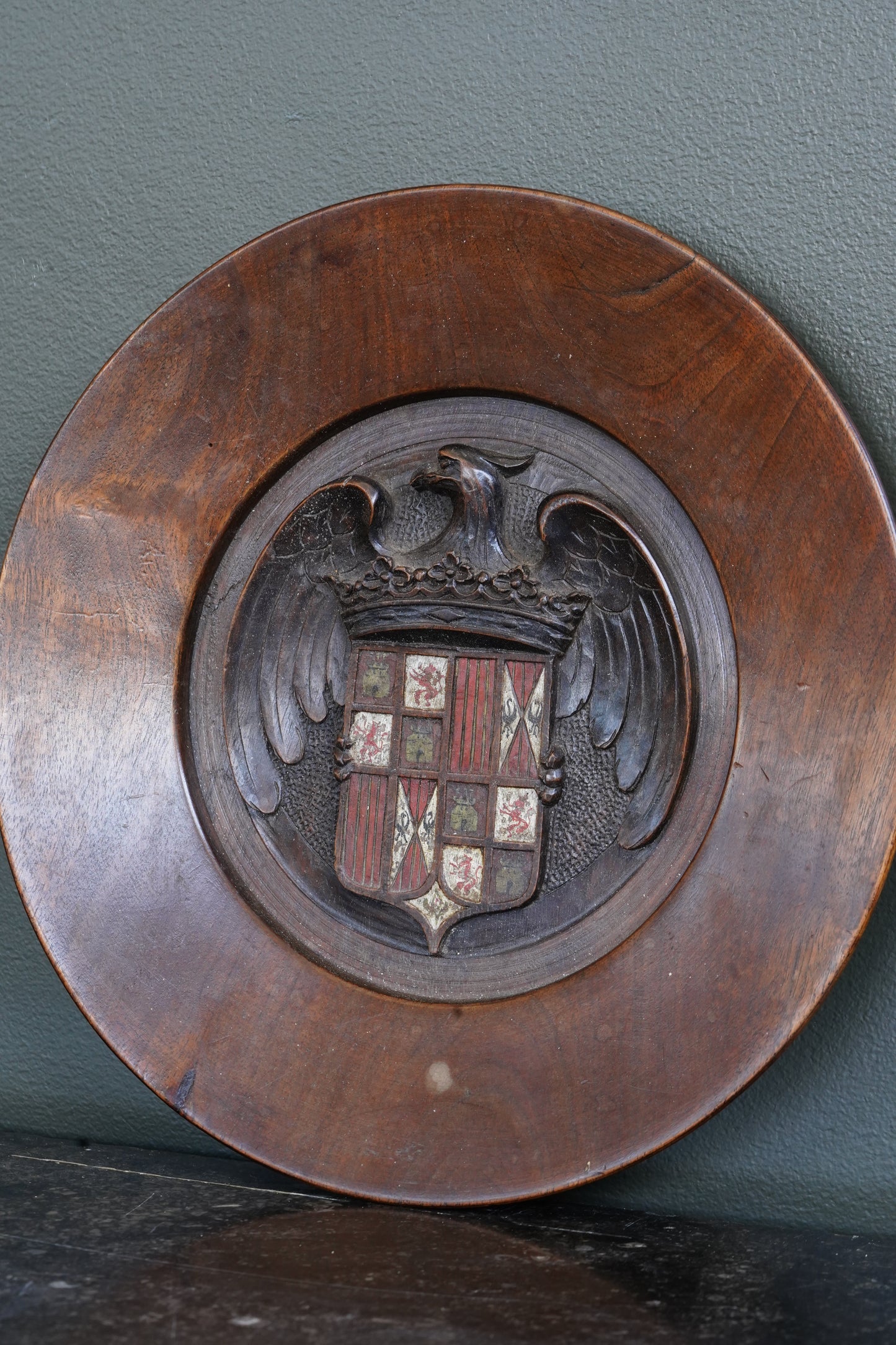 Carved Walnut Spanish Armorial Charger, Arms of the Catholic Monarchs, Circa 1930