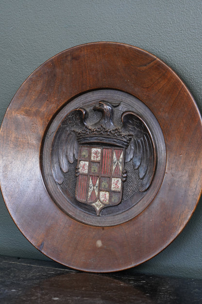 Carved Walnut Spanish Armorial Charger, Arms of the Catholic Monarchs, Circa 1930